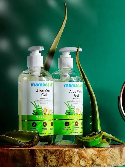 This composition for Mamaearth Aloe Vera Gel uses the actual aloe plant as a prop to instantly communicate the product's natural ingredients and soothing properties.