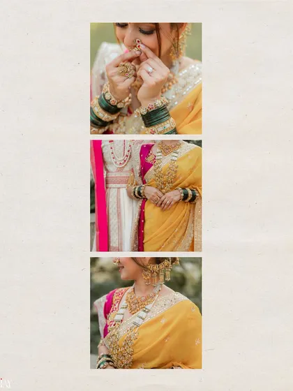 This vertical collage captures the fine details of the bride's Marathi look. It includes close-ups of her nath, her hands adorned with green bangles, and the intricate jewelry on her neck and ears.