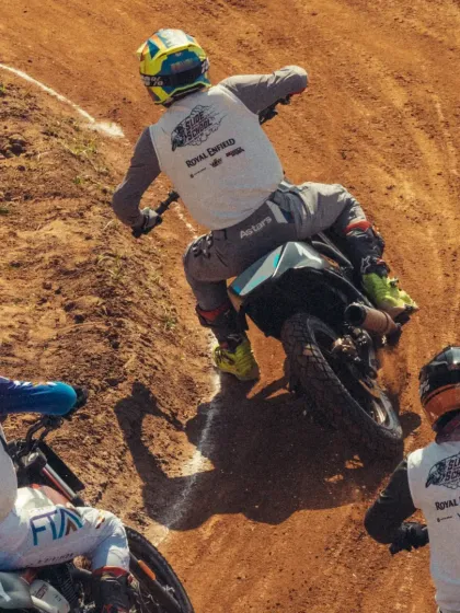 An aerial shot of the intense dirt track action at the Slide School Cup, a different discipline where we also excel.