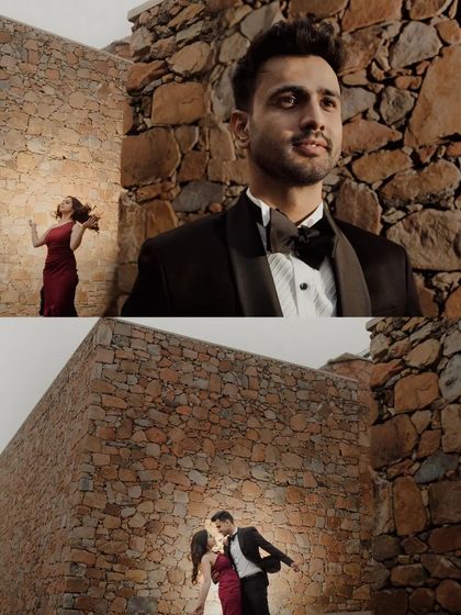 A collage from a pre-wedding shoot against a rustic stone wall, capturing both playful and romantic moments.