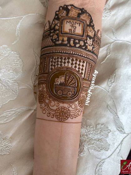 A detailed baby shower design celebrating a 'Mom to Be'. This piece features a baby in a pram, surrounded by cute elements like toys and clothes, showing how you can create highly personalized and modern themes.