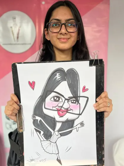 This student's caricature shows her in a dancing pose, reflecting her personality.