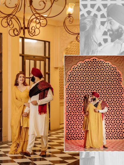 A creative collage showing the couple in a traditionally designed corridor. The mix of a full shot and a close-up inset tells a story of love in a regal setting.