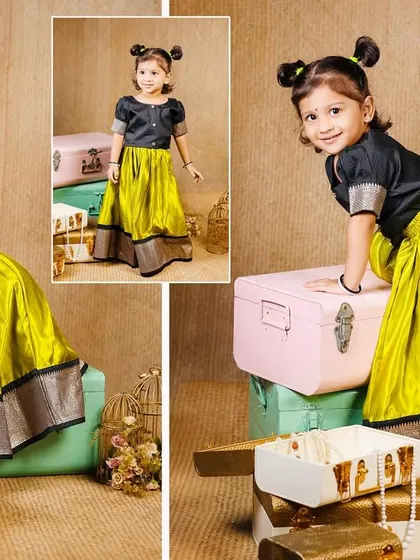 A collage of a young girl in a modern-traditional fusion outfit, posing playfully with colorful vintage trunks.