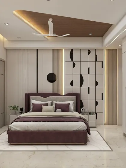 A bedroom with a bold, abstract design on the headboard wall and wardrobe. The deep purple bed adds a touch of royalty, while the wooden false ceiling panel adds warmth.