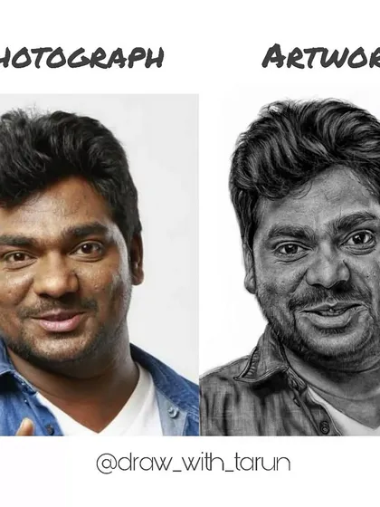 Photograph vs Artwork. This comparison shows how I translated the color photograph of Zakir Khan into a detailed, photorealistic graphite and charcoal drawing.
