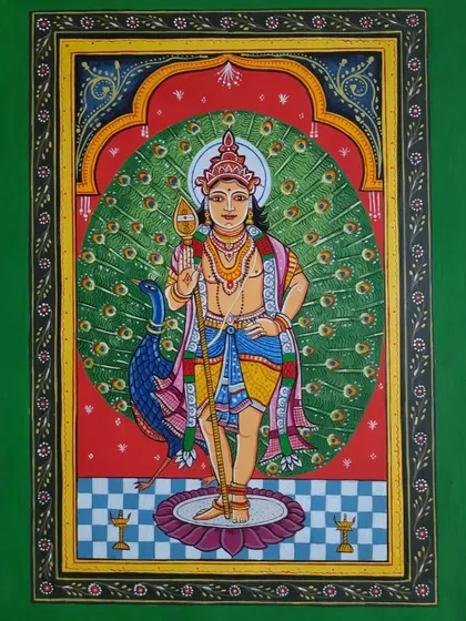 A traditional Pattachitra painting of Lord Karthikeya, also known as Subramanya. This piece is created on cloth using acrylic and poster colors, following the intricate narrative style and vibrant color palette characteristic of this ancient Odishan art form.