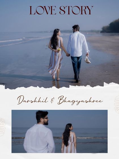 A beautifully designed page from a pre-wedding album, capturing the couple walking hand-in-hand along the shore, creating a classic and romantic "love story" feel.