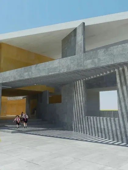 The entrance of a proposed school in Kottur, Karnataka, demonstrating my approach to institutional architecture. The design uses bold concrete forms and slatted screens to create dynamic patterns of light and shadow, defining a modern and engaging learning environment.