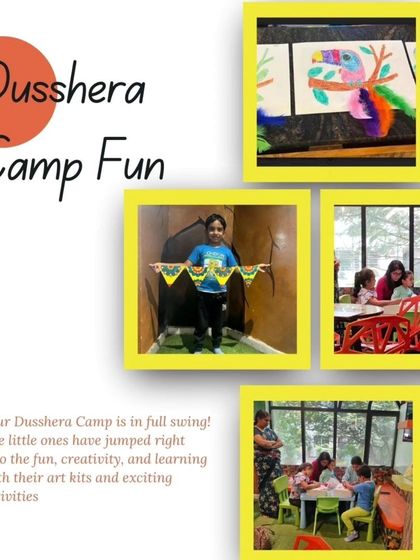 A collage showing the fun and creativity in full swing at our Dussehra Camp. Kids are seen engaged in various art activities and proudly displaying their work.