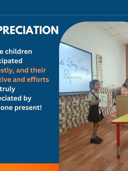 We believe in appreciating the efforts of every participant. Here, a young storyteller from our KG class stands confidently on stage, having captivated the audience with her engaging narrative and expressive performance.