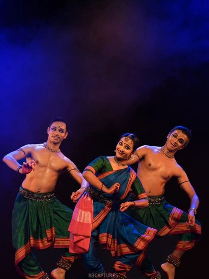 A joyful, energetic pose from the 'Nagamandala' cast. My productions aim to showcase a full range of emotions, from intense drama to moments of celebration.