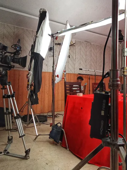A wider angle of our studio setup, revealing the lighting stands, softboxes, and camera placement. A well-lit scene is the foundation of a great shot, and I work with my team to craft it perfectly.