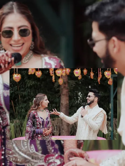 A fun, candid collage of the couple interacting during their Haldi event. Their smiles and playful gestures show the relaxed and happy atmosphere of the day.