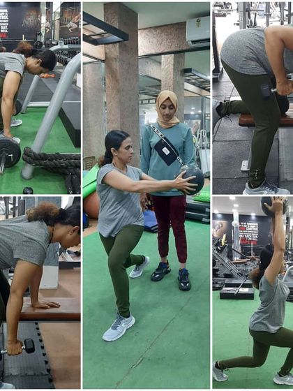 A collage from our practical mentoring classes in Kochi, led by tutor Neha Chopra. Our students are guided through various exercises, including dumbbell rows, lunges, and core work with a medicine ball, ensuring they master proper form.
