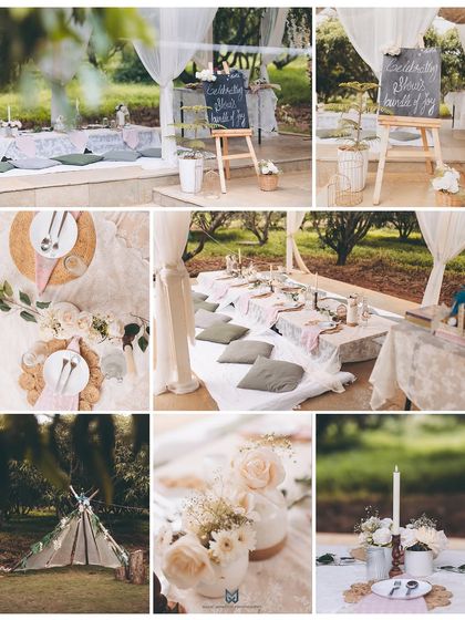 A collage showcasing the beautiful bohemian-style picnic setup for a baby shower. I capture all the decor details, from the table settings and floral arrangements to the welcome sign.