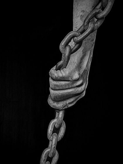 A close-up of the "Self Doubt" piece. I focused on the texture of the rusty chain and the strain in the hand.