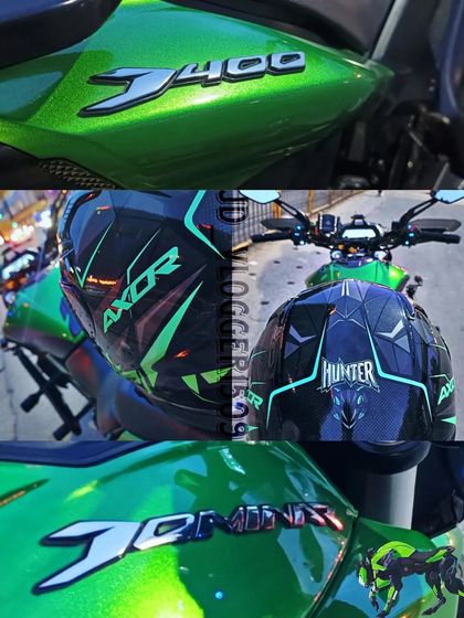 A collage showing close-up details of the green Dominar D400 and a matching Axor helmet. For us, riding is a lifestyle, and style matters.