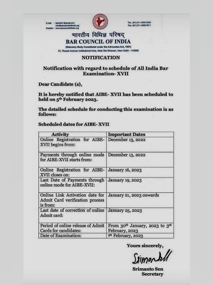 Here is the official notification for the All India Bar Examination-XVII. This document outlines all the important dates, from the start of online registration to the final date of the examination, helping you plan your preparation schedule.