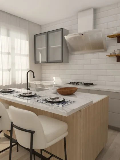 A 3D concept for a kitchen featuring beige laminate shutters and a functional island that doubles as a breakfast counter. The white subway tiles and open shelving add to the modern, airy feel.