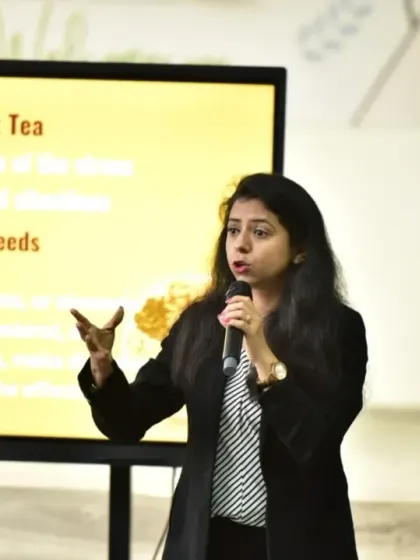 Presenting on lifestyle management during a Women's Day session at Lovely Heritage Public School. I discussed topics like diet, stress, and maintaining good health with minimal effort.