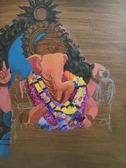 The Ganesha painting nearing completion, with the background elements and surrounding figures being blocked in. This shows the transition from the central subject to the full narrative scene.