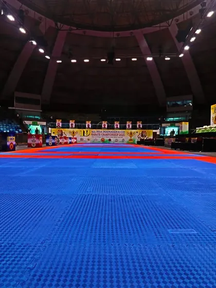 A ground-level view of the competition tatami at Talkatora Stadium. We use official, high-grade mats to ensure athlete safety and performance.