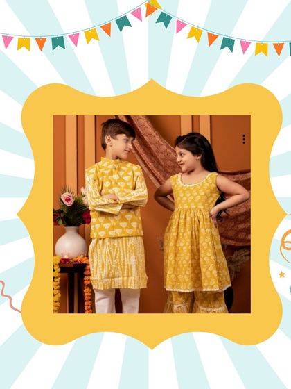 This matching yellow ethnic wear set for a brother and sister is just delightful. It’s perfect for finding coordinated outfits for the whole family during the festive season.