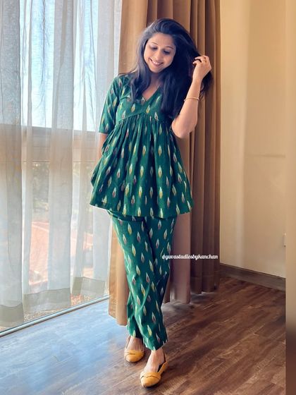 Embrace the spirit of Navratri in our vibrant green Ikat co-ords. This bestselling set is perfect for twirling and celebrating in style.