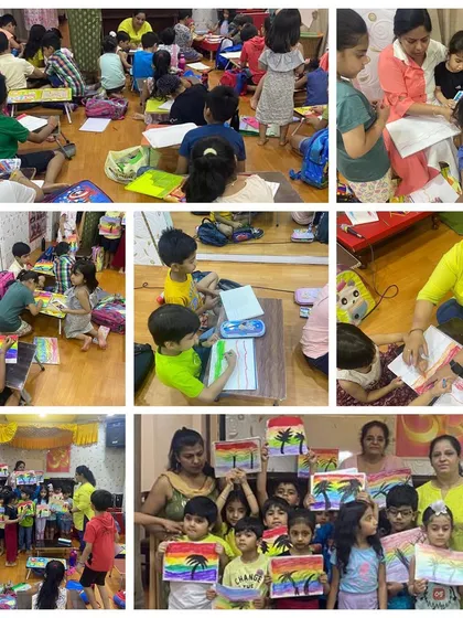 A glimpse into the focused and fun atmosphere of our summer camp. Kids are seen working on their rainbow landscapes, getting guidance from teachers, and celebrating their finished work.