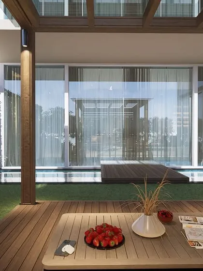 A view from the seating area in our Khar terrace design. This perspective helps the client imagine themselves using the space, looking out over the deck and pool.