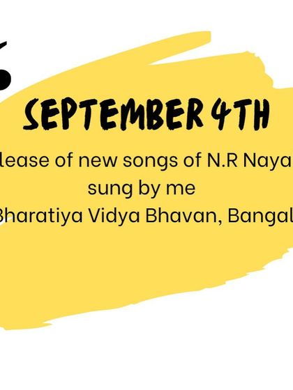 An announcement of my concert schedule for a busy September, including performances and a song release event at Bharatiya Vidya Bhavan.