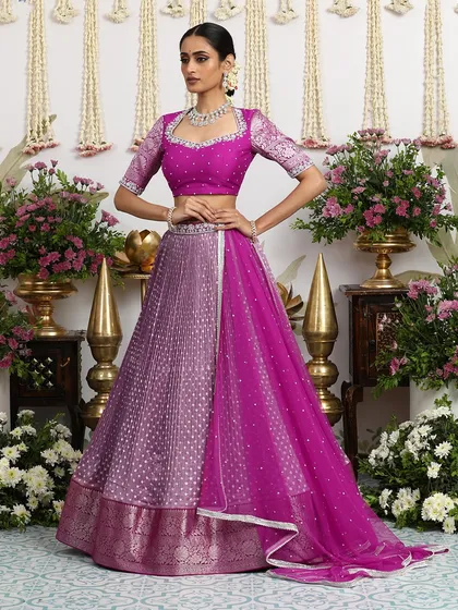 Another view of the ombre magenta and lilac Bandhani lehenga, a true work of art.