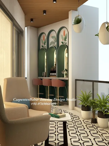 A balcony can also be the perfect spot for entertaining. For this project, I incorporated a stylish bar setup complete with elegant stools and arched mirror panels. It's a small detail that transforms the space into a functional and chic area for hosting friends.