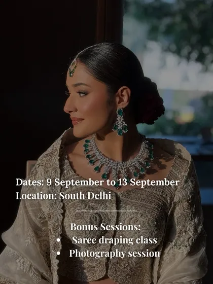 All the details for my upcoming masterclass, including dates, location, and bonus sessions on saree draping and photography. Seats are limited!