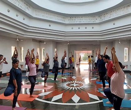 A group of students practicing Vrikshasana (tree pose) together. This balancing asana helps improve focus and concentration, essential skills that we cultivate throughout our yoga and meditation courses.