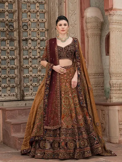 Another shot from our "Bridal Saga" campaign. The rich velvet dupatta adds a touch of luxury to this beautifully crafted bridal lehenga.