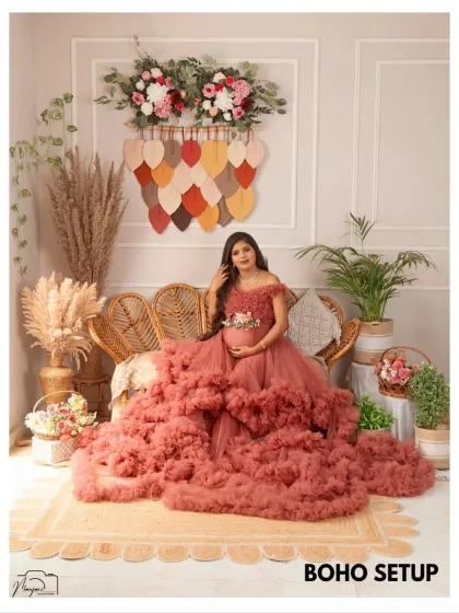 Another gorgeous shot in the boho setup, this time with a dusty rose ruffled gown. The layers of tulle create incredible texture and drama.