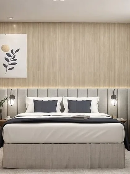 A front view of the bed, highlighting the serene and balanced design. The artwork above the bed adds a personal touch.