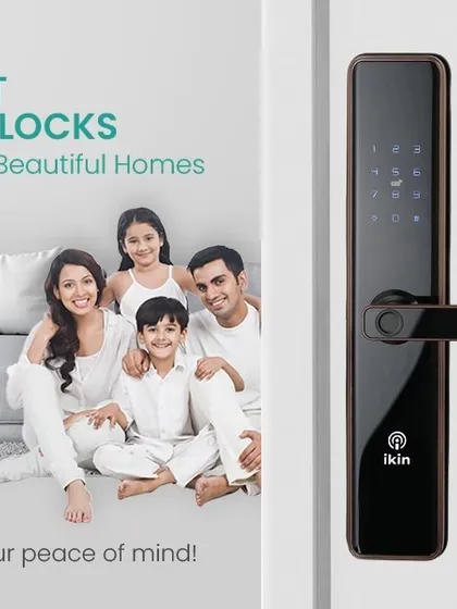 A family enjoying the peace of mind provided by a sleek, modern smart door lock. We offer keyless entry solutions that operate via PIN, RFID, biometrics, or Bluetooth, securing your home with the latest technology.
