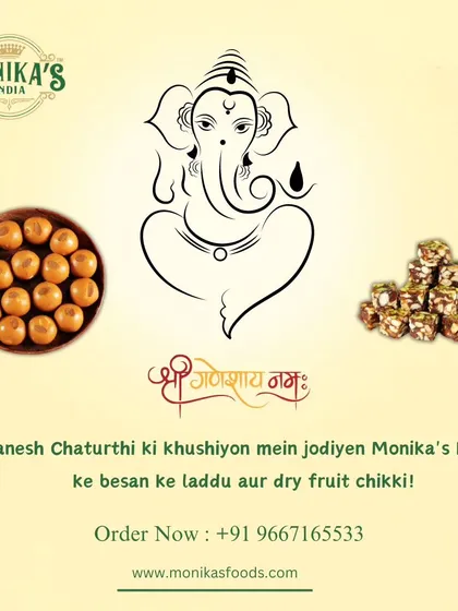An elegant graphic for Ganesh Chaturthi, featuring my Besan ke Laddu and Dry Fruit Chikki. These sweets are perfect for adding joy to your festive celebrations.