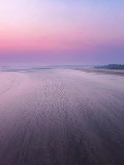 A wide, empty expanse of sand and shallow water is bathed in a purple and pink glow, evoking the feeling of a beach on another planet.