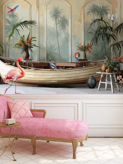 A whimsical and imaginative wallpaper mural depicting a boat indoors, surrounded by tropical plants and birds. A truly unique and creative design.
