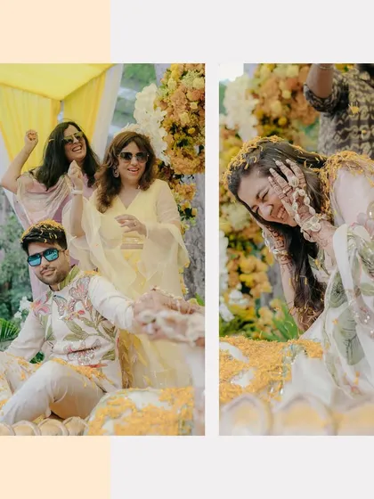 Candid moments like these are what make a Haldi ceremony so special. The bride's joyful laugh and the groom's playful expression perfectly capture the lighthearted spirit of the day.