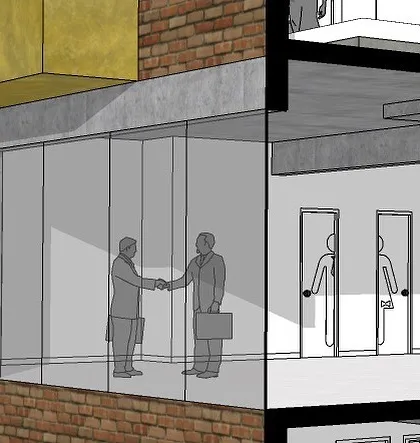 A detailed crop from the 'Project 83' render, showing the commercial office space. The use of extensive glass walls promotes transparency and connection, key elements in modern workspace design.