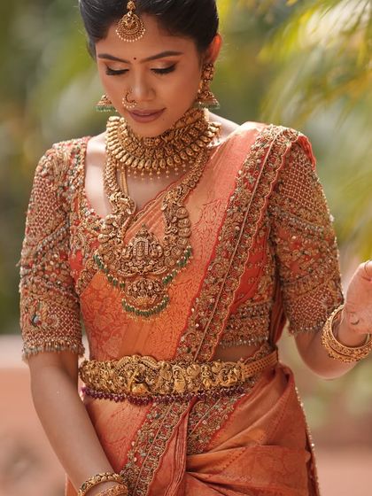 Additional views showcasing the variety and detail of my heirloom bridal sarees. Each image captures a different angle, moment, or detail, from full portraits to close ups of the fabric and embroidery, illustrating the complete story of each bride's custom creation.