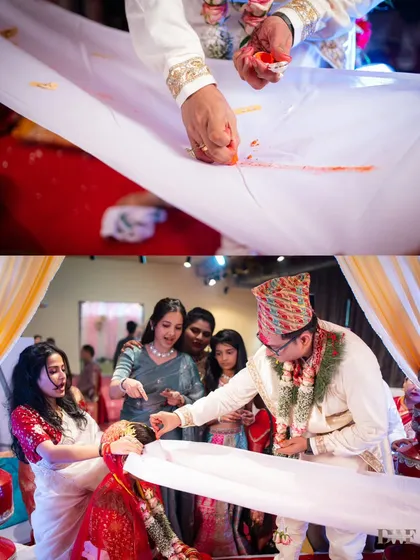 A collage showing the Sindoor Daan ritual, a sacred and pivotal moment in a Hindu wedding ceremony.
