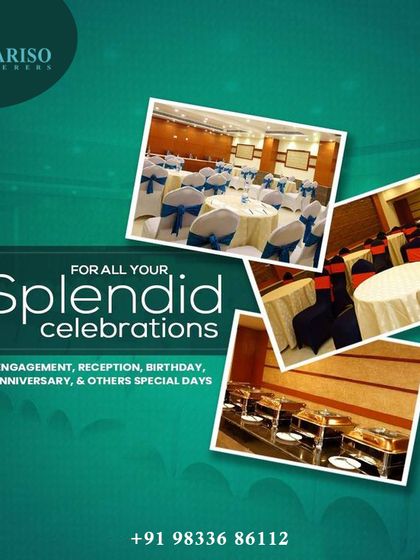 This collage displays the variety of our event setups, from formal receptions with chair covers to professional buffet lines. We cater to birthdays, anniversaries, and all splendid celebrations.