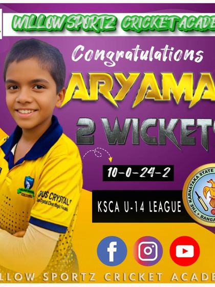 Aryaman's outstanding performance, taking two wickets in the KSCA U-14 league. His ability to strike in quick succession is a valuable skill we nurture.