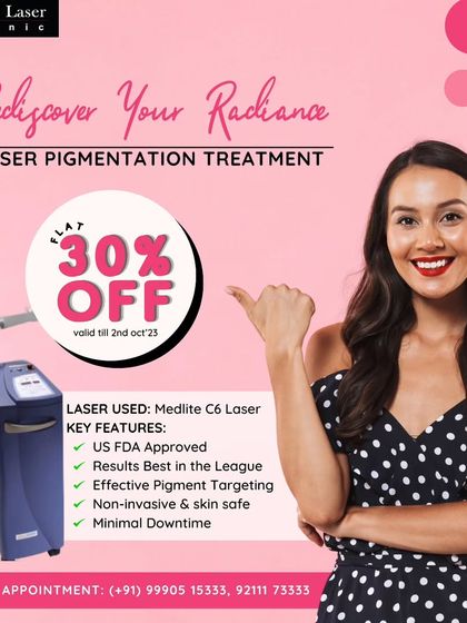 An offer for our laser pigmentation treatment. I use the US-FDA approved Medlite C6 laser, which provides excellent results with minimal downtime for various pigmentation concerns.